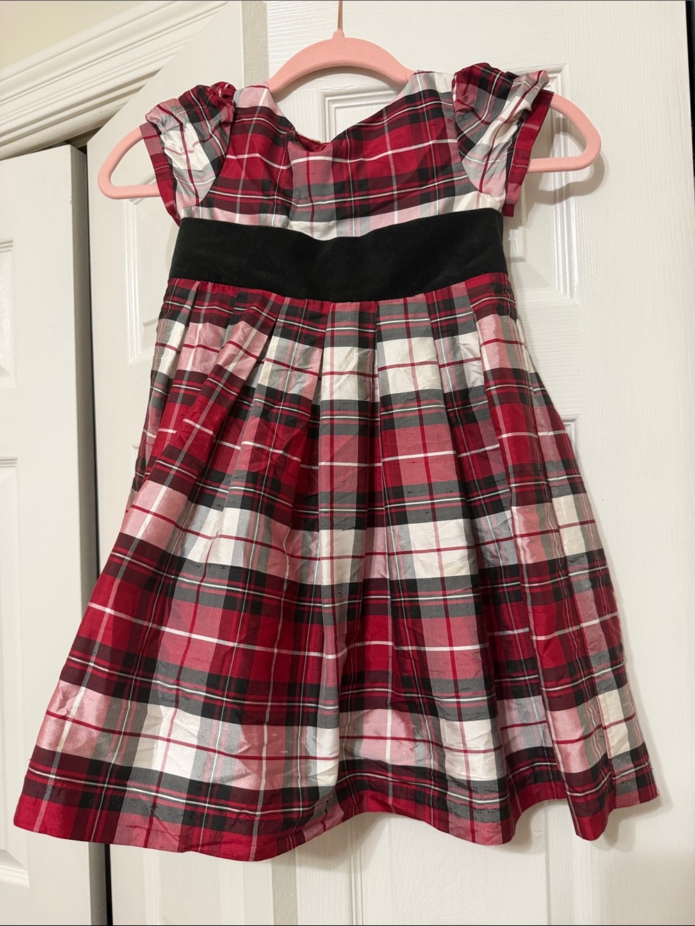 Girls Red Plaid Holiday Dress with Black Waistband